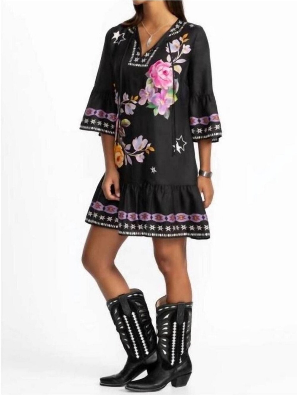 Johnny Was Jade Black Hailee Floral Flounce Bell Sleeve Mini Dress Size S Silk